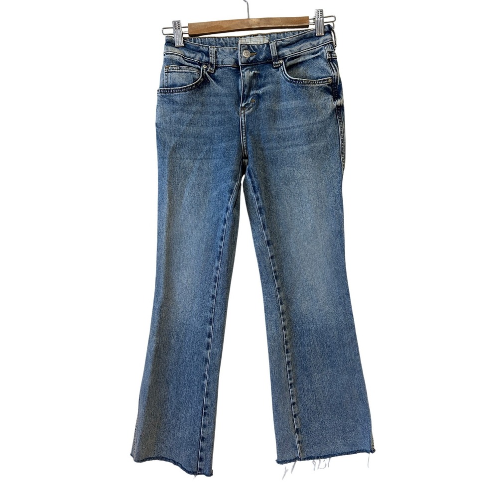 Free People Jeans Sz 26 Blue Kick Flare Raw Hem Boho Crop Stretch 61855-16515125